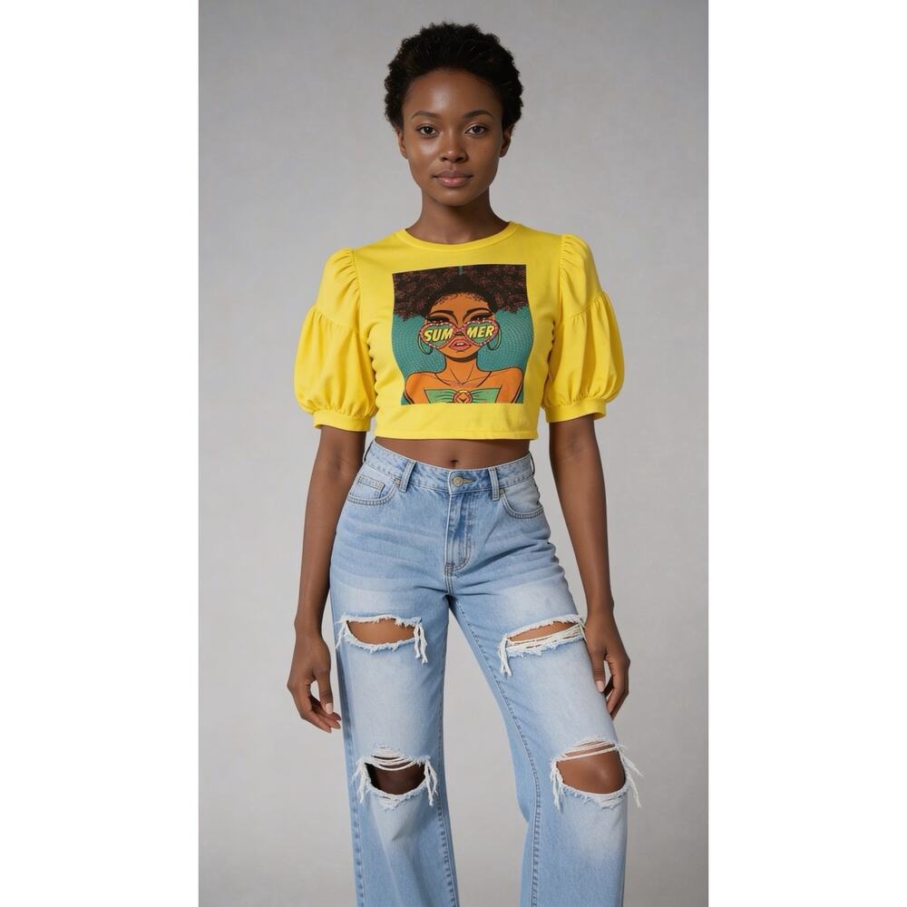Yellow Puff Sleeve Crop Top with Graphic